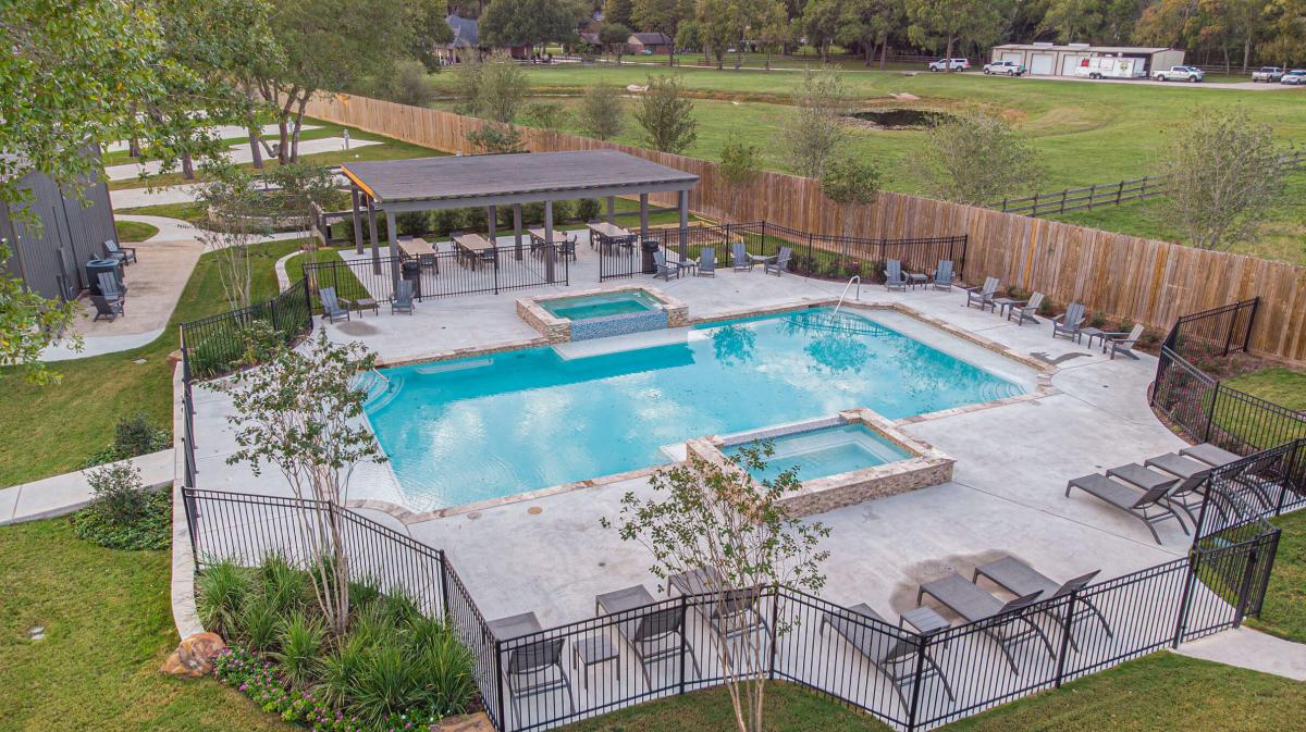 Aerial view of the pool, spas and covered pavilion at Leisure Lane RV Resort The Woodlands